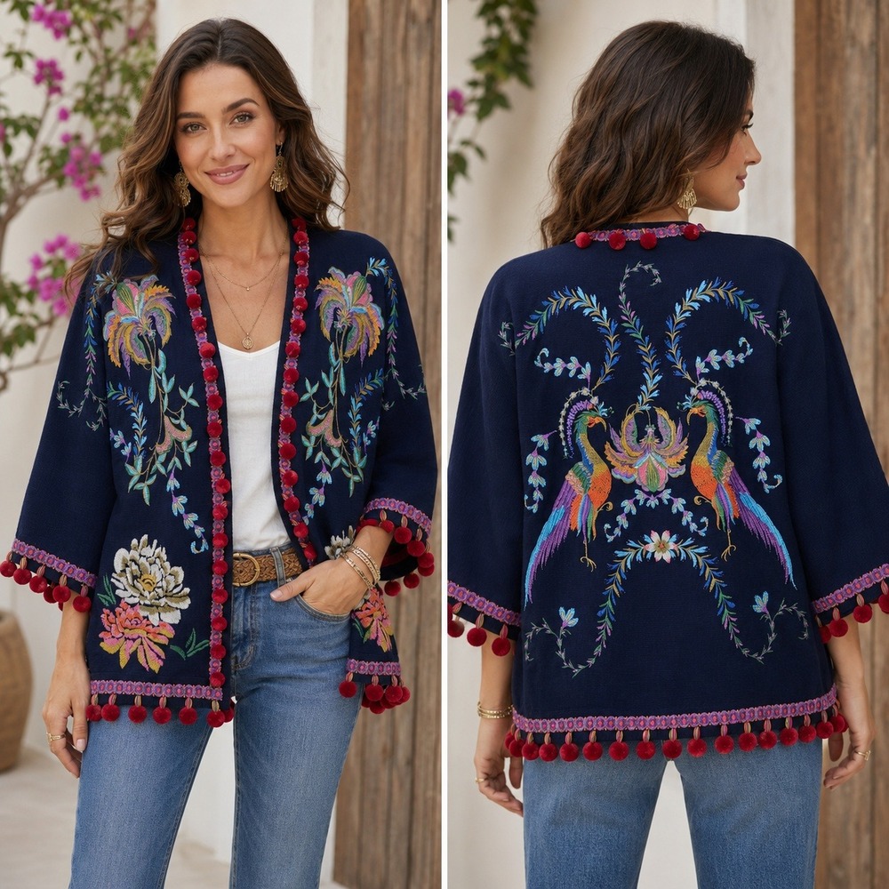 Johnny Was Cardigan Embroidered Peacock Floral Pom Pom Trim Boho Navy Blue XS
